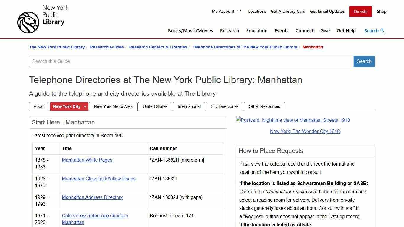 Manhattan - Telephone Directories at The New York Public Library - Research Guides at New York Public Library Research Centers